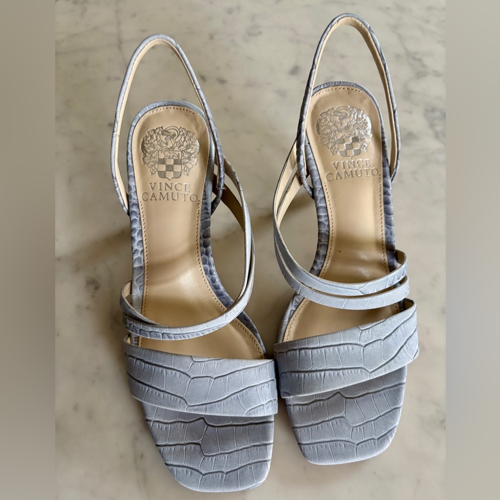 Vince Camuto Light Gray Croc-Embossed Slingback Sandals